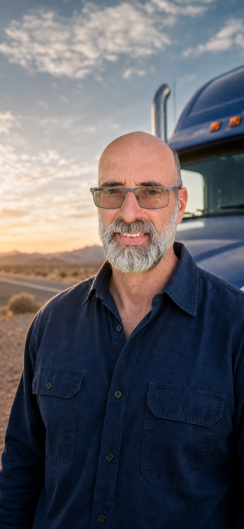Mark Simmons standing in front of a blue semi truck