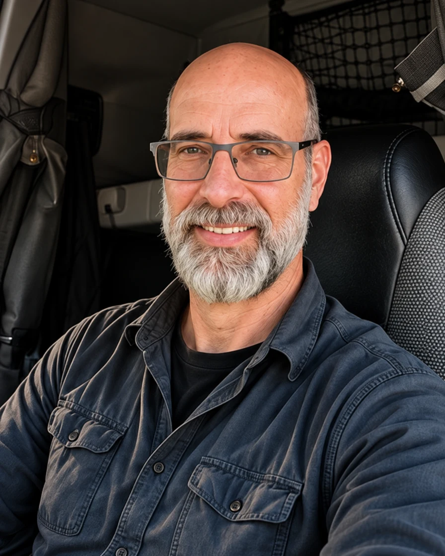 Mark Simmons smiling in his truck, wearing a dark T-shirt and blue overshirt